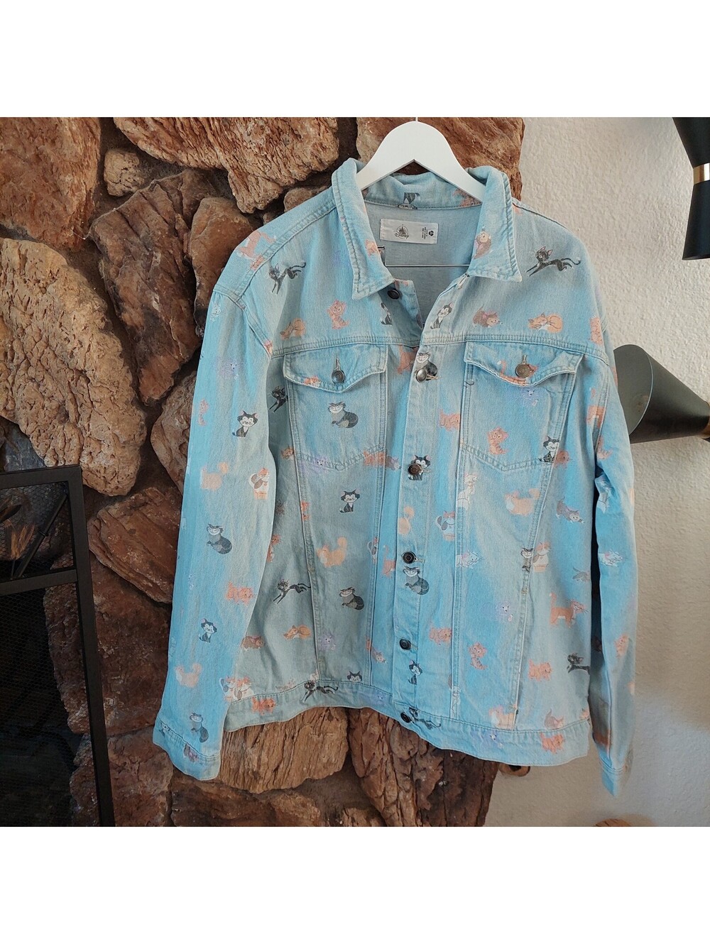 Disney Light Wash Denim Jacket with All-Over Cat Print, Size Medium